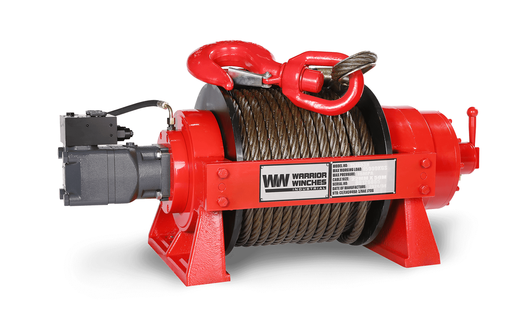 JR15 33,000lb (15 Ton) Industrial Hydraulic Winch - Steel Rope