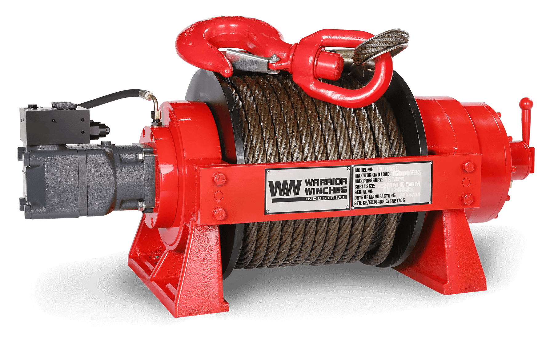 JR15 33,000lb (15 Ton) Industrial Hydraulic Winch - Steel Rope